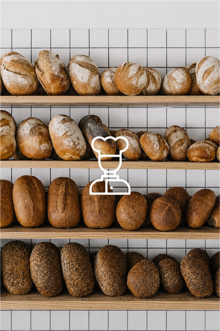 Shelves of fresh bread with the BakeAhead mark