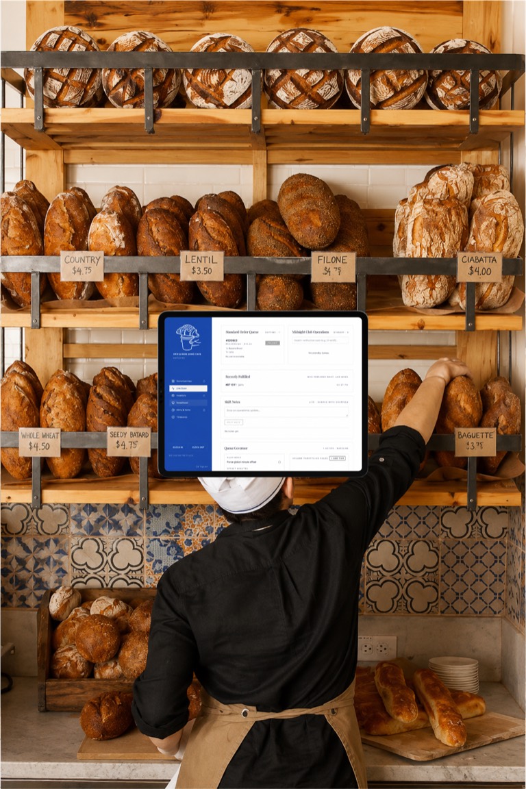 Baker using the Drip & Bake tablet dashboard at the bread rack