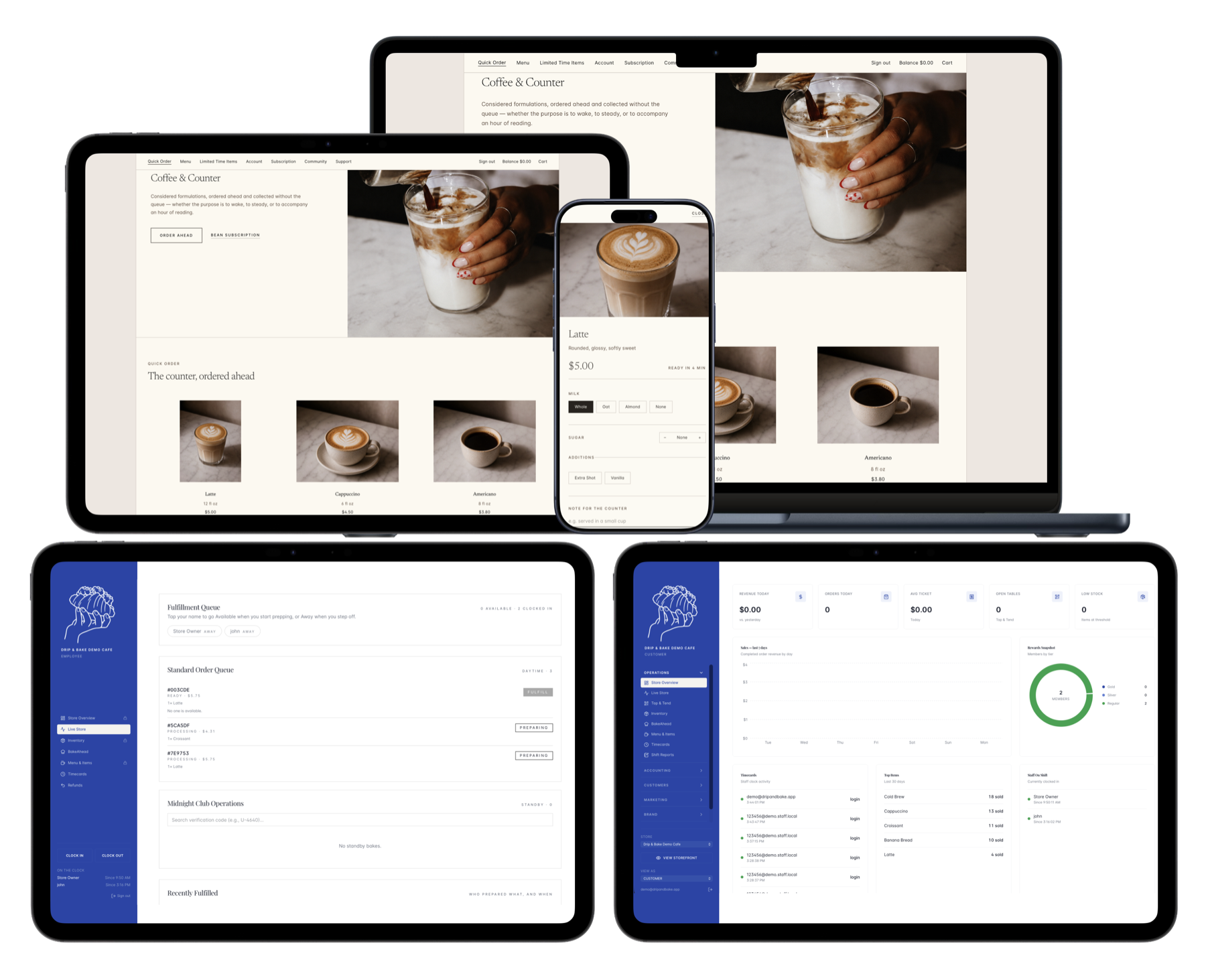 Drip & Bake storefront and operations dashboards shown on laptop, tablets and phone