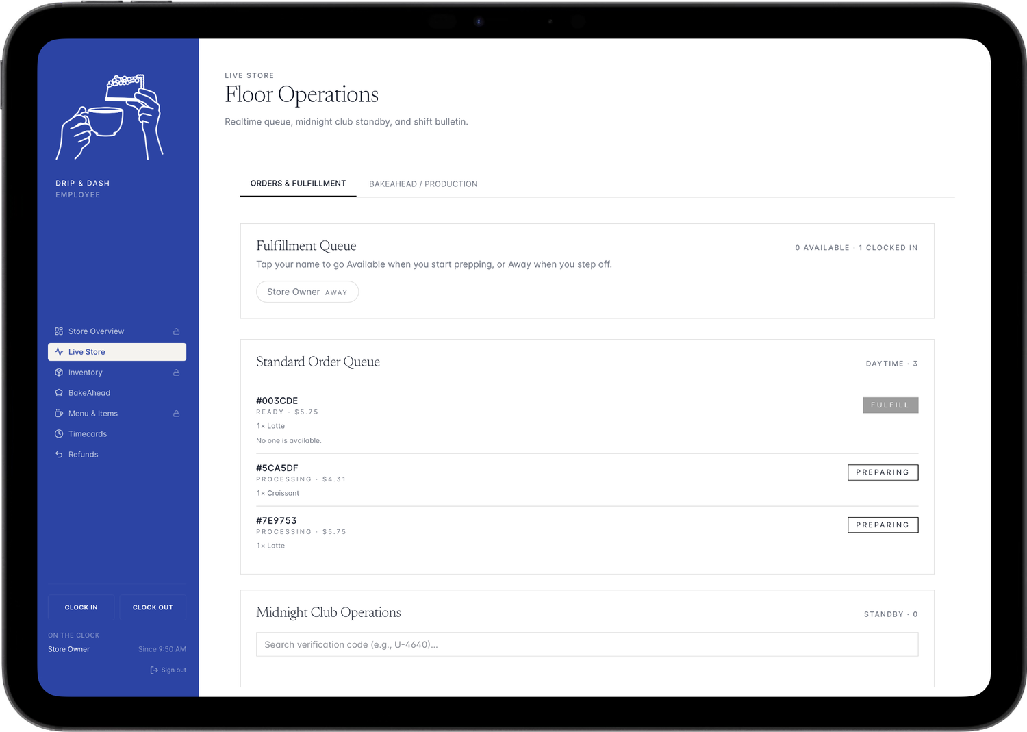 Drip & Bake operations dashboard on desktop and tablet