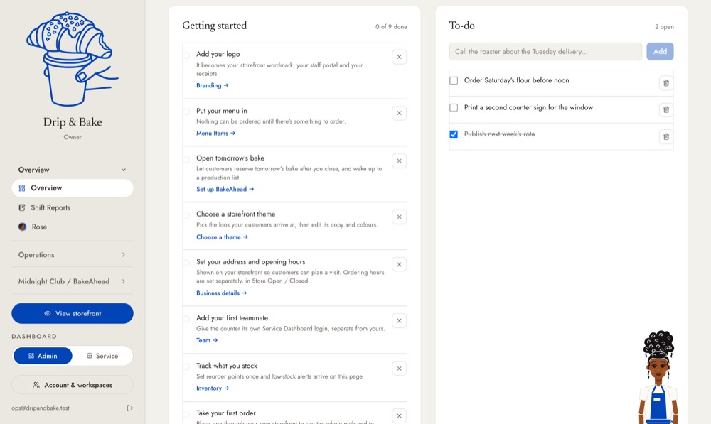 Getting Started, and the shop's own to-do list