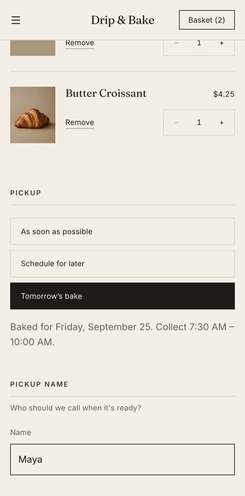 Choosing tomorrow morning's pickup at checkout