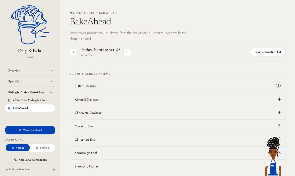 Tomorrow's production list in BakeAhead