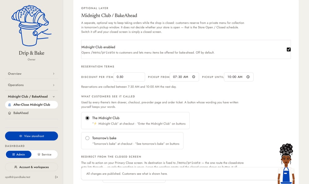 BakeAhead's pickup window and settings