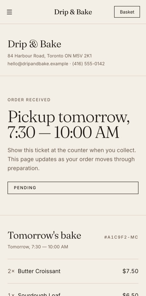 The pre-order's ticket and pickup code
