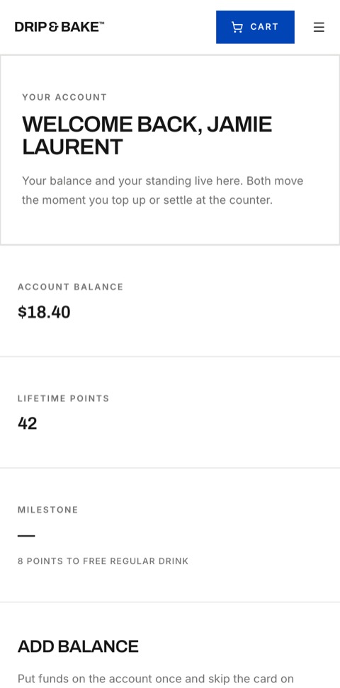 Jamie's account: balance, points and milestone
