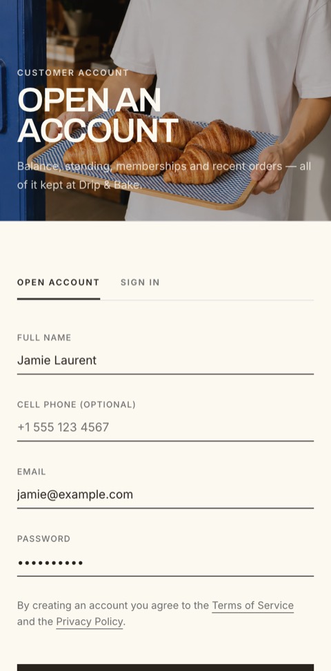 Opening an account at Drip & Bake