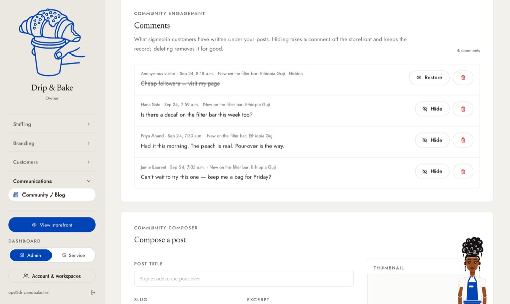 Comments in Admin, with one hidden by the shop