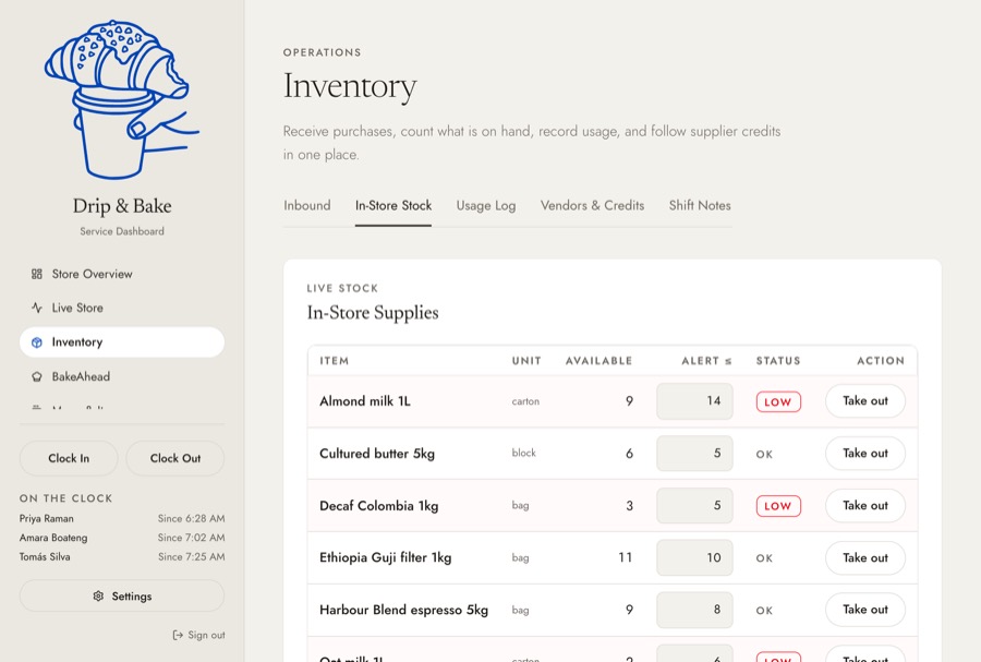 Inventory on the counter iPad