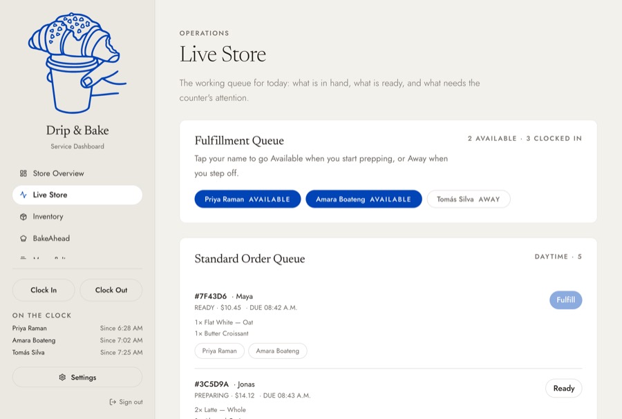 Live Store on a counter iPad, in the Service Dashboard's new design