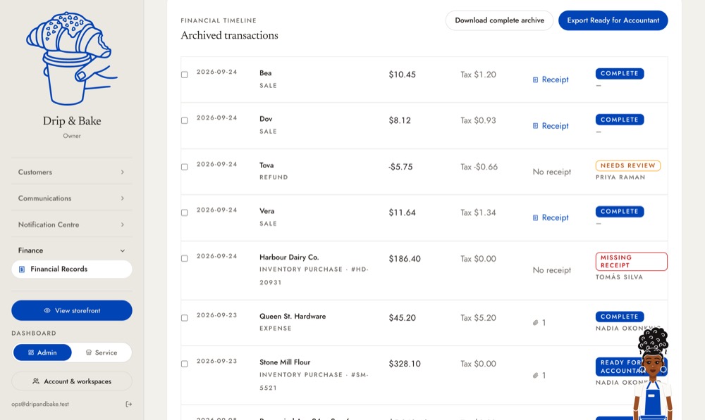 The record timeline, with receipts and statuses