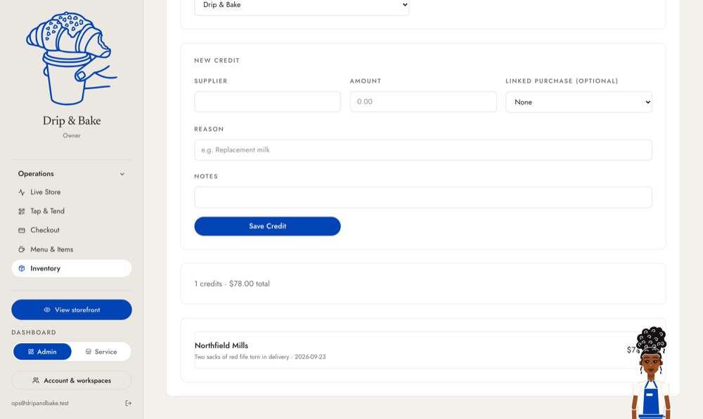 Vendor orders, and the credit owed back for a damaged delivery