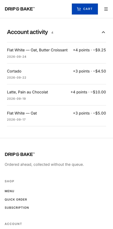 Each order and the points it earned, in the customer's account