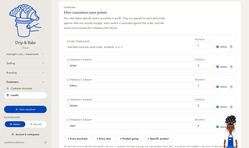 How points are earned: per order, per category, per item