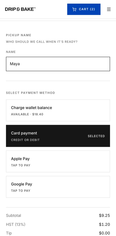 A signed-in customer's checkout, name filled in