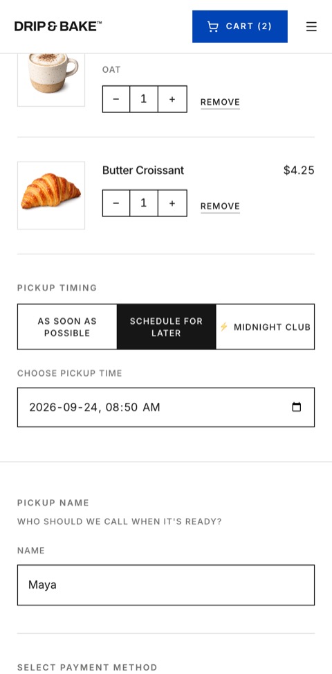 Checkout with a pickup time being chosen