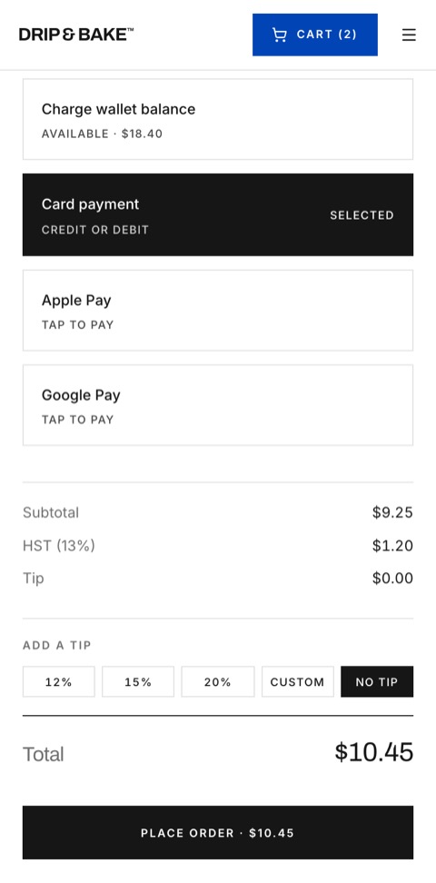 Choosing card, Apple Pay or Google Pay at checkout