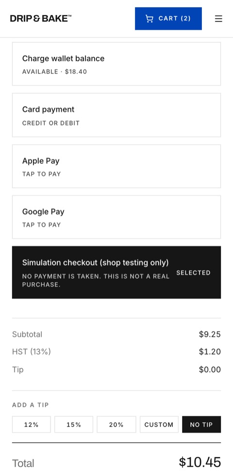 The owner's practice checkout: simulated payment, no money taken