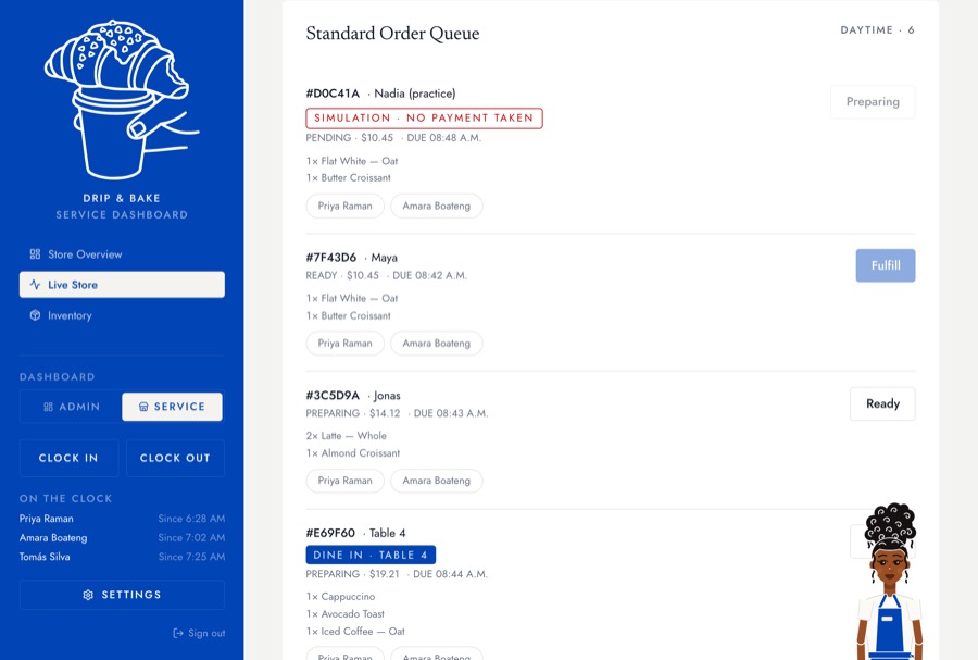 The practice order in the counter queue, marked as a simulation