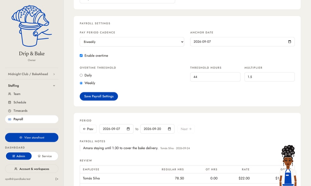 Payroll settings: a two-week period, overtime after 44 hours at time and a half