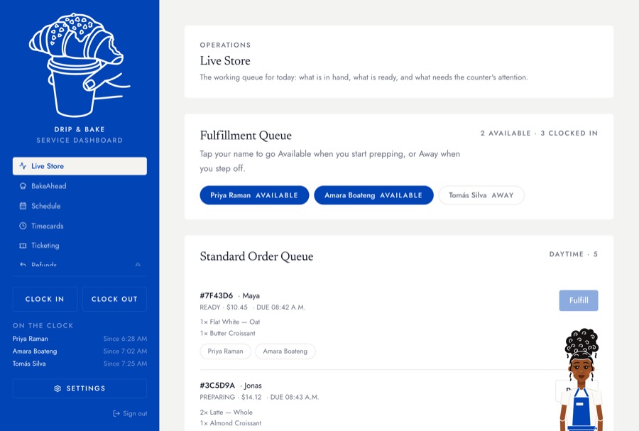 An employee's Service Dashboard: only the pages their role opens