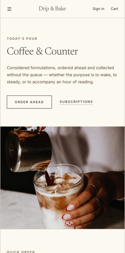 The Drip & Bake storefront in the Netsai theme