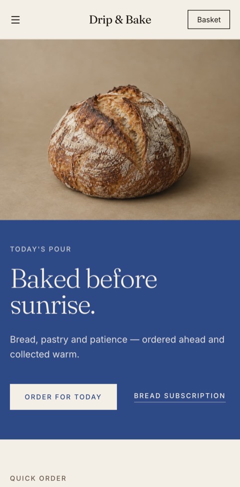 The Drip & Bake storefront in the Virgil theme