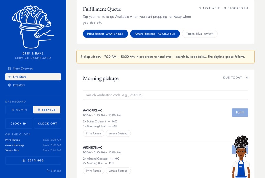 The morning pickup list above the daytime queue