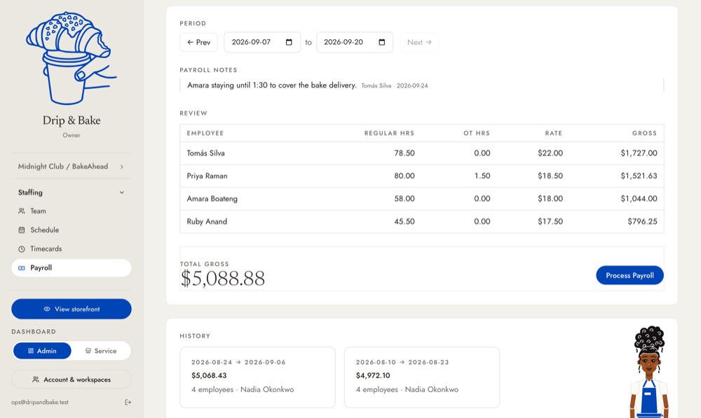 A pay period's hours and gross pay, ready to process