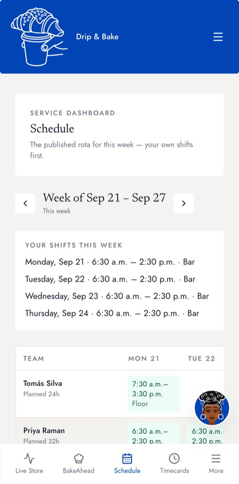 An employee's own shifts for the week
