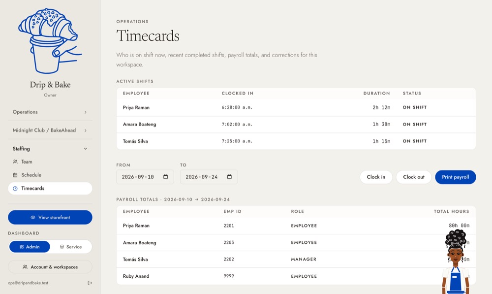 Timecards: who is on the clock and every shift worked