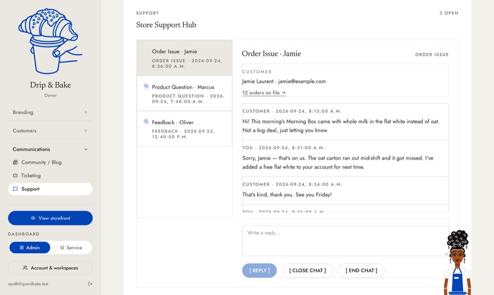 The shop's Support inbox, with Jamie's order and history beside the conversation