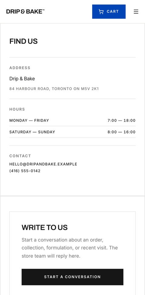 Drip & Bake's Support page: the shop, its hours and a way to write