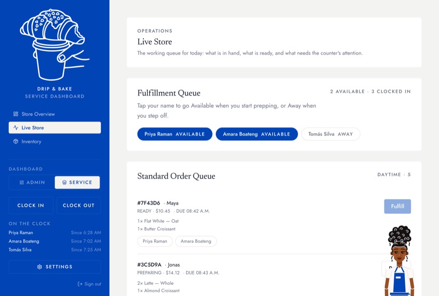 The Service Dashboard's Live Store queue on a counter tablet