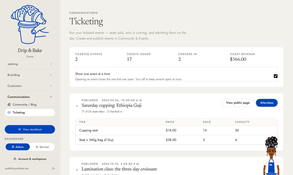 Ticketing: seats sold, tiers and check-ins