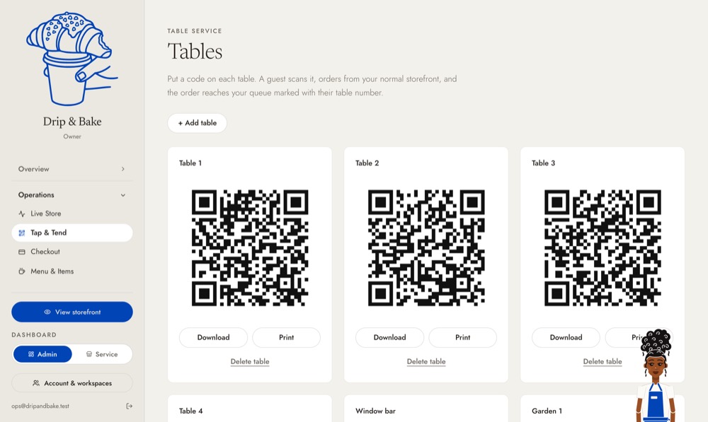 Tap & Tend's tables and their codes