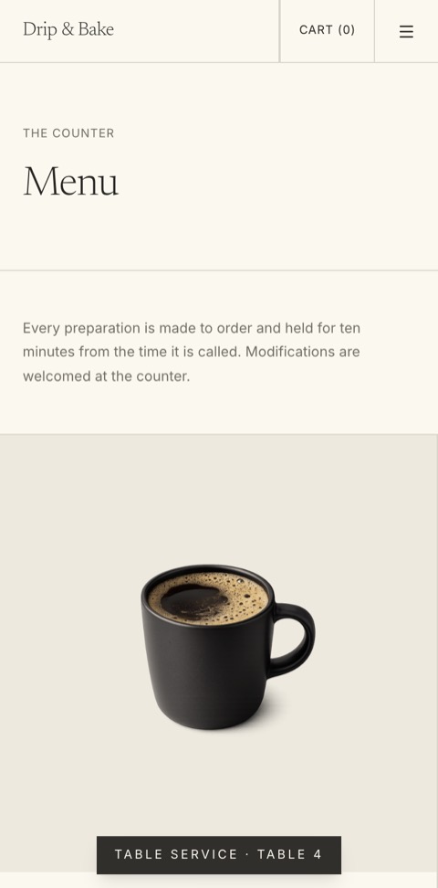The Drip & Bake menu, opened from a table